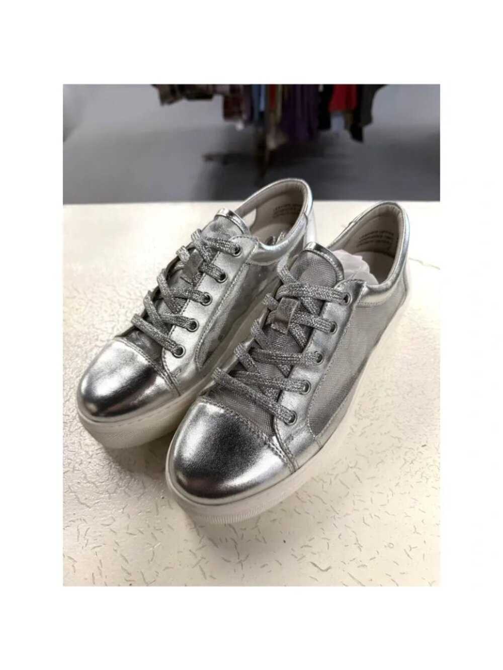 Metallic Silver Leather Sneakers Size 7 With Synthetic Outsole